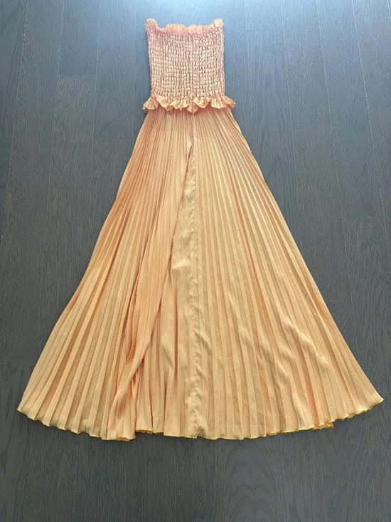 L'IDEE MAYA Yellow Gold Strapless Pleated Maxi Dress Stretch - US 8 - Picture 3 of 9